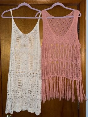 SHEIN White Crochet Dress Coverup & Pink Fringe Crochet Swim Coverup